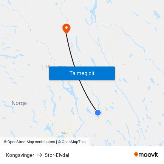 Kongsvinger to Stor-Elvdal map