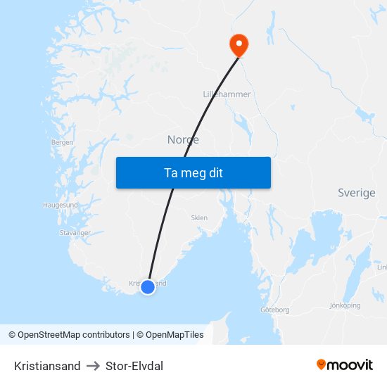 Kristiansand to Stor-Elvdal map
