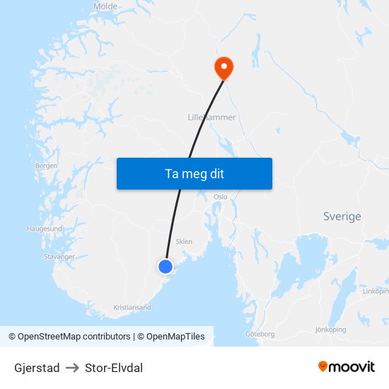 Gjerstad to Stor-Elvdal map