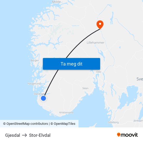 Gjesdal to Stor-Elvdal map