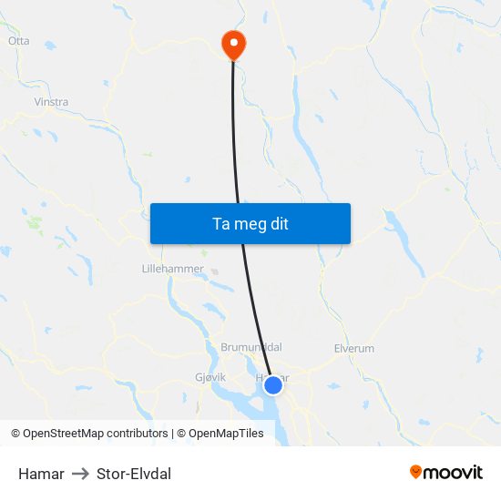 Hamar to Stor-Elvdal map