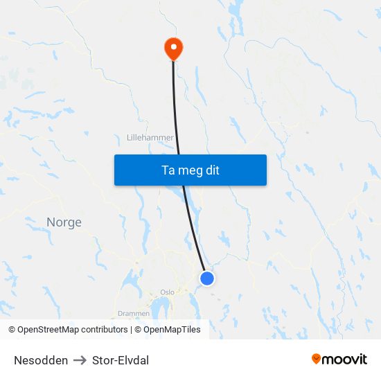Nesodden to Stor-Elvdal map