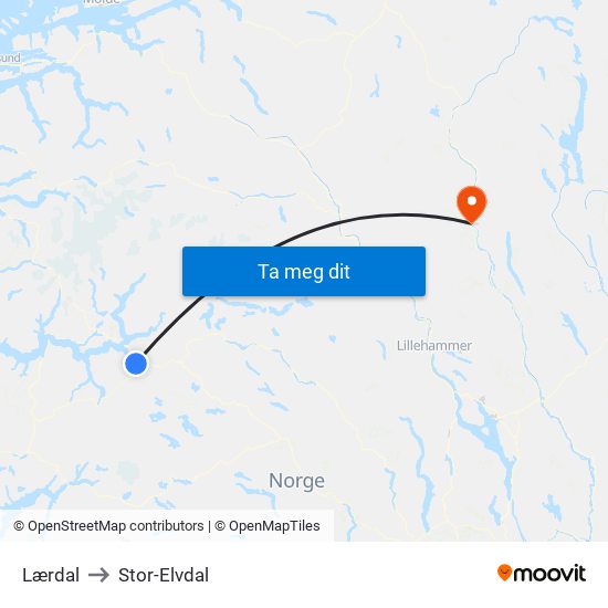 Lærdal to Stor-Elvdal map