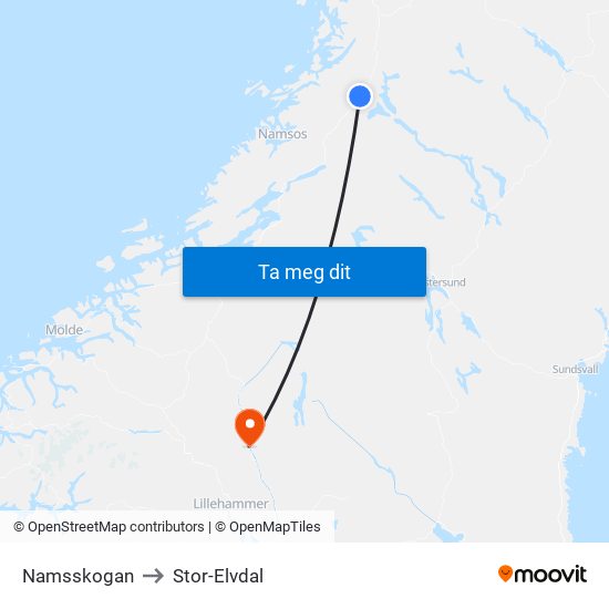 Namsskogan to Stor-Elvdal map