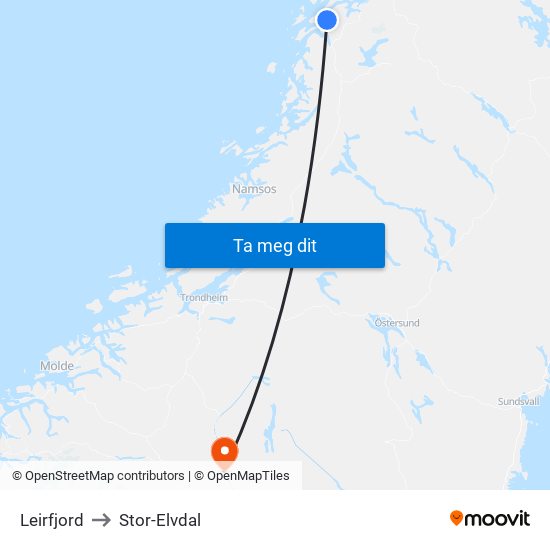 Leirfjord to Stor-Elvdal map