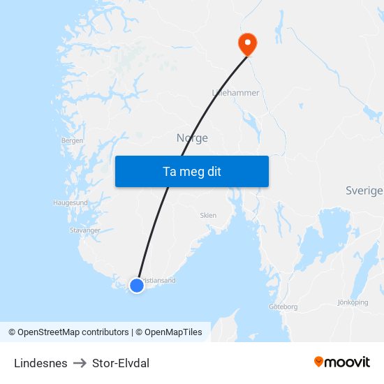 Lindesnes to Stor-Elvdal map