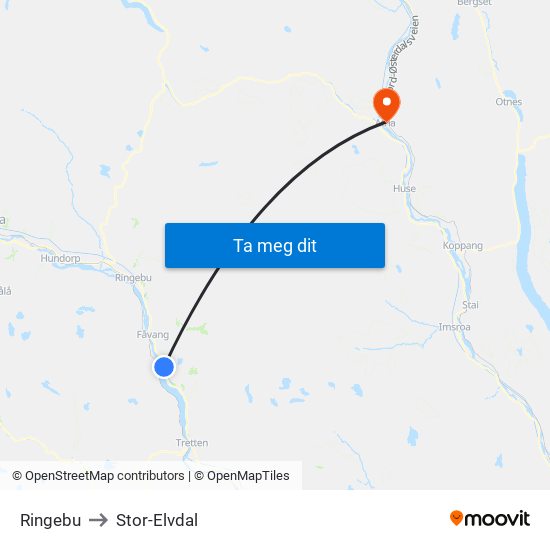 Ringebu to Stor-Elvdal map