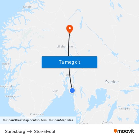 Sarpsborg to Stor-Elvdal map
