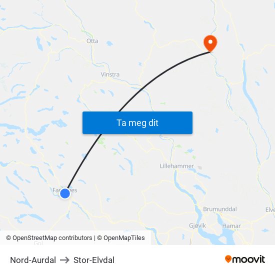 Nord-Aurdal to Stor-Elvdal map