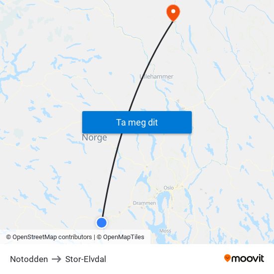 Notodden to Stor-Elvdal map