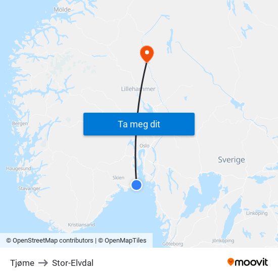 Tjøme to Stor-Elvdal map