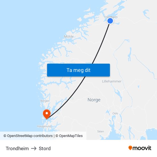 Trondheim to Stord map