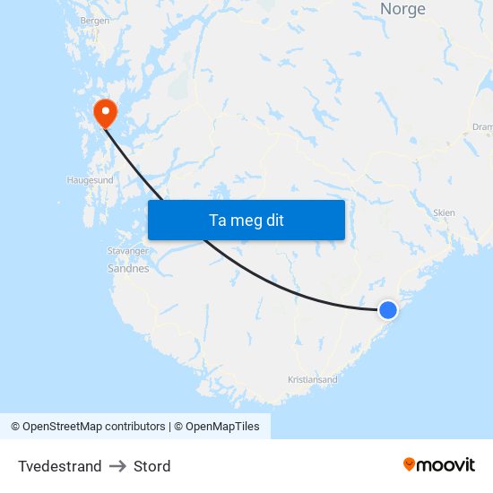 Tvedestrand to Stord map