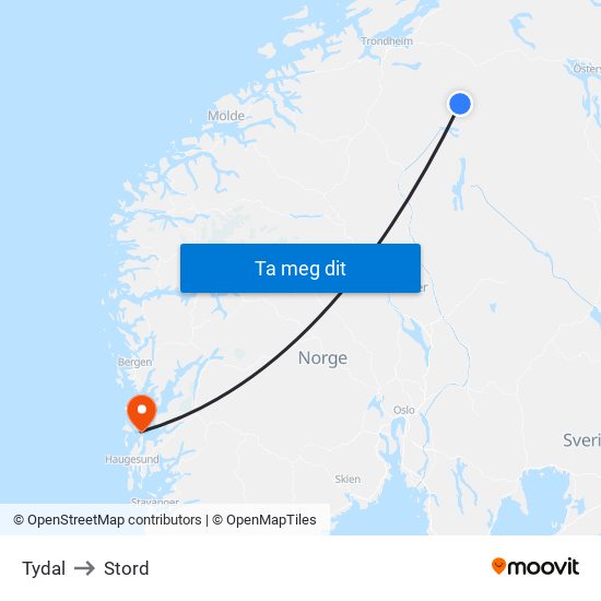 Tydal to Stord map