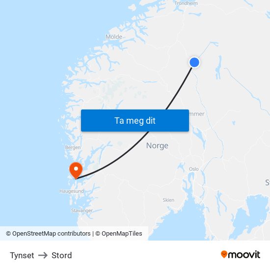 Tynset to Stord map