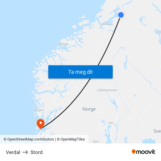 Verdal to Stord map