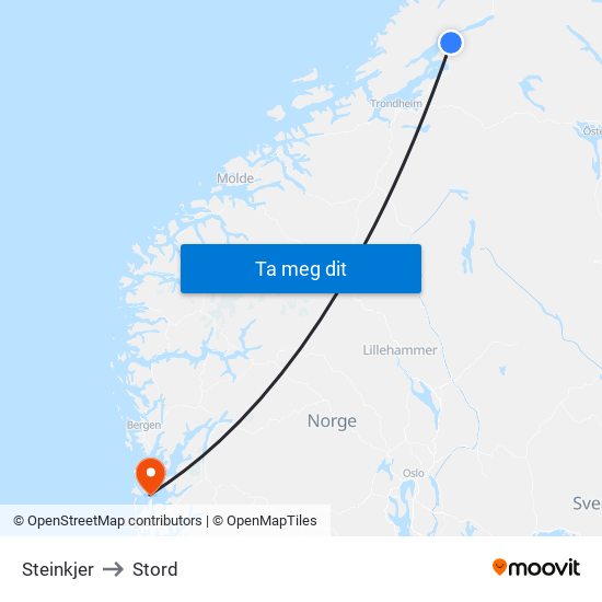 Steinkjer to Stord map