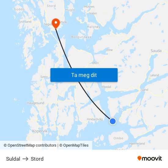 Suldal to Stord map