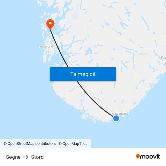 Søgne to Stord map
