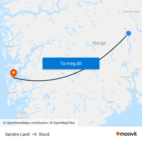 Søndre Land to Stord map