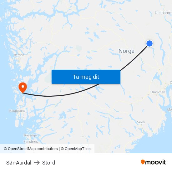 Sør-Aurdal to Stord map