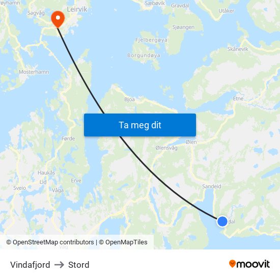 Vindafjord to Stord map