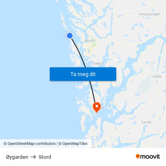 Øygarden to Stord map