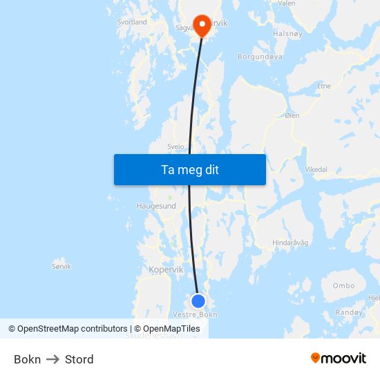 Bokn to Stord map