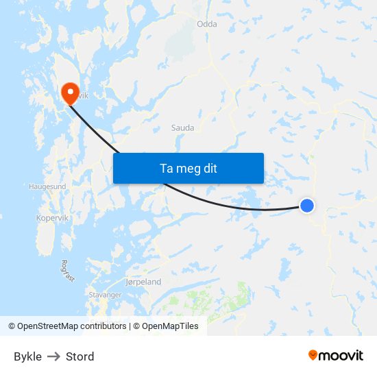 Bykle to Stord map