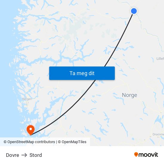 Dovre to Stord map