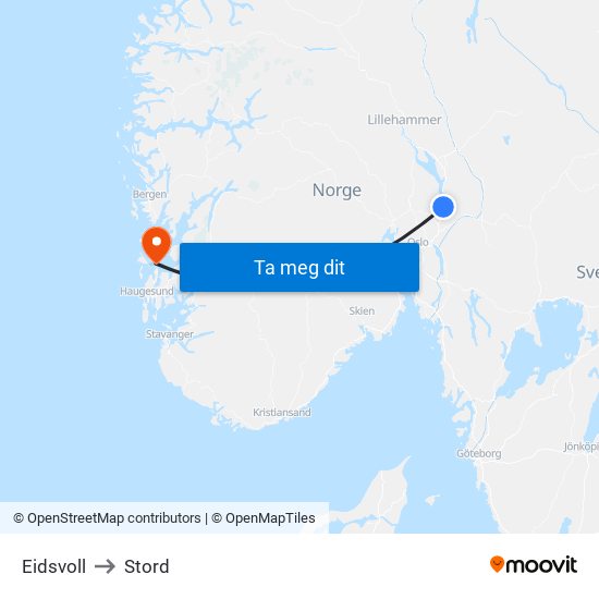 Eidsvoll to Stord map