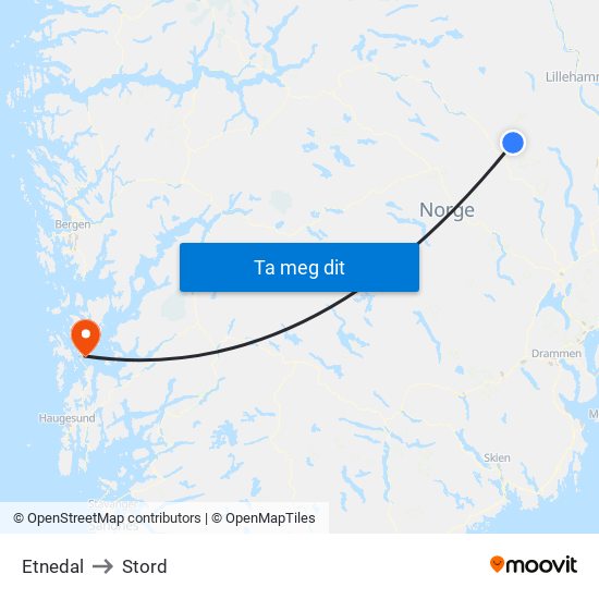 Etnedal to Stord map