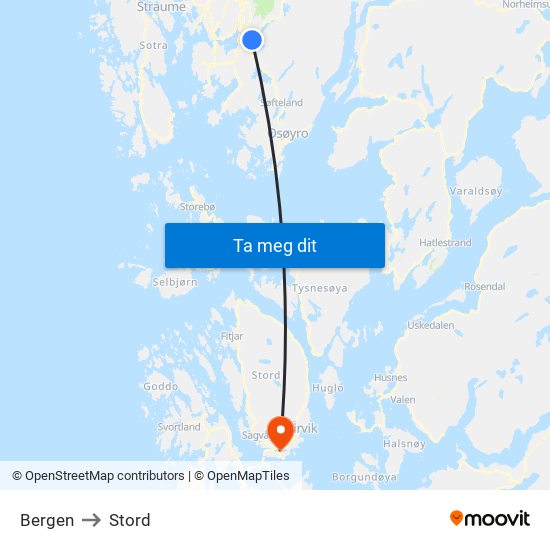 Bergen to Stord map