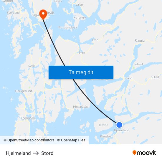 Hjelmeland to Stord map