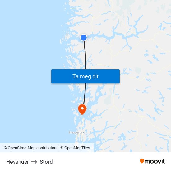 Høyanger to Stord map