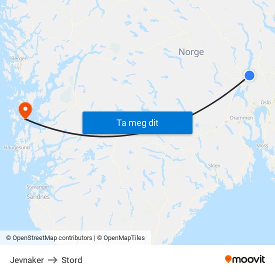 Jevnaker to Stord map