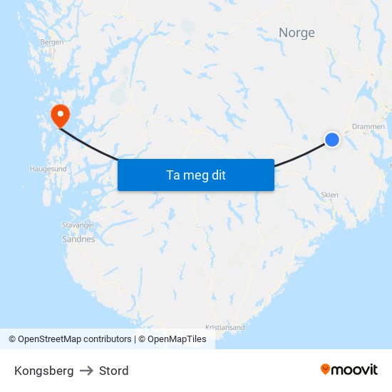 Kongsberg to Stord map