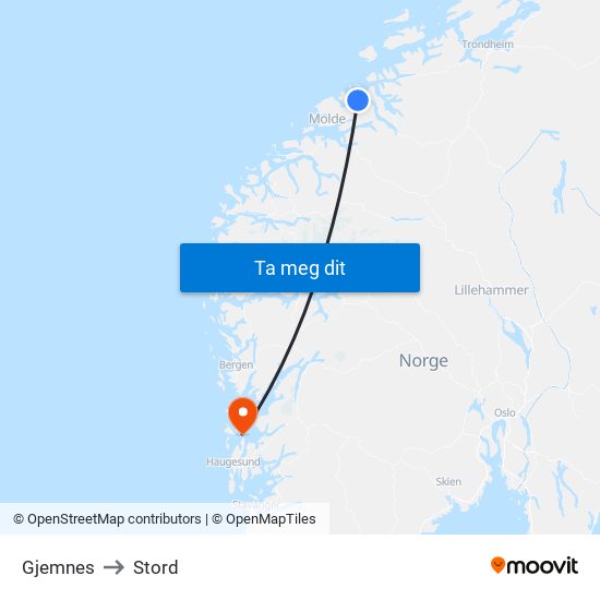 Gjemnes to Stord map