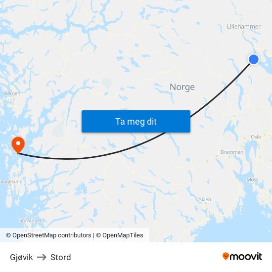 Gjøvik to Stord map