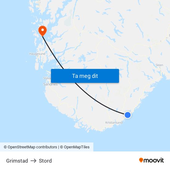 Grimstad to Stord map