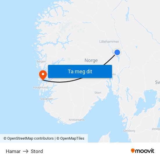Hamar to Stord map