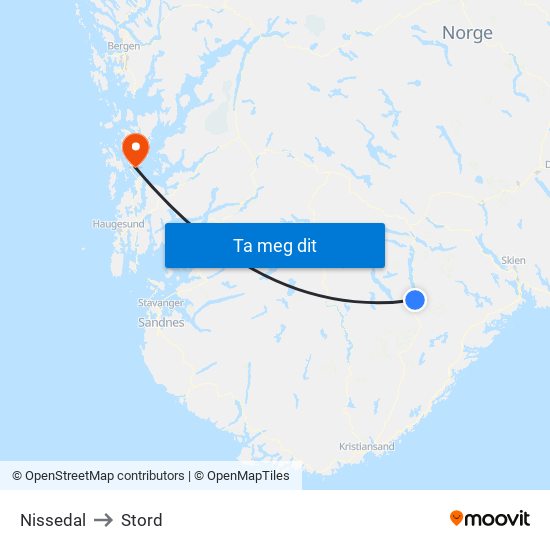 Nissedal to Stord map
