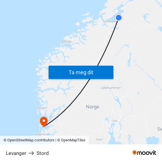 Levanger to Stord map