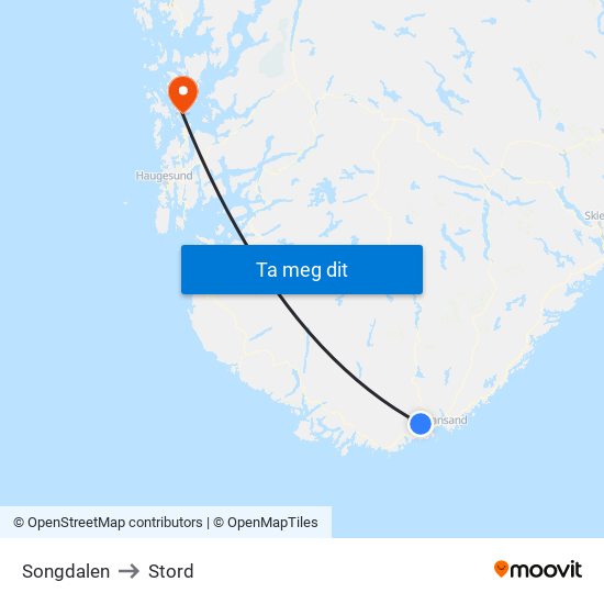 Songdalen to Stord map