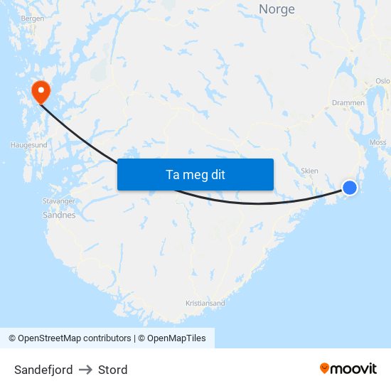 Sandefjord to Stord map