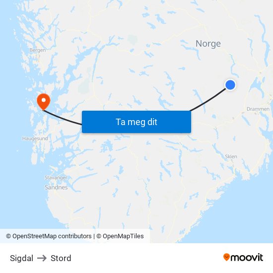 Sigdal to Stord map