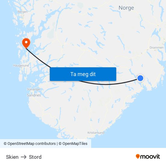 Skien to Stord map