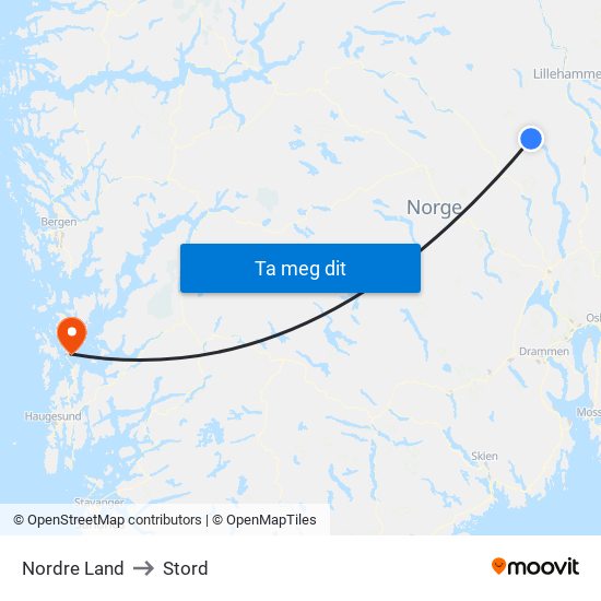 Nordre Land to Stord map