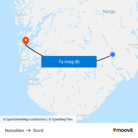 Notodden to Stord map
