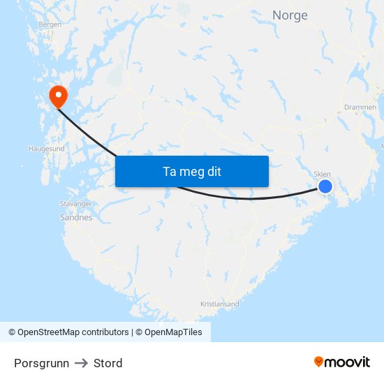 Porsgrunn to Stord map